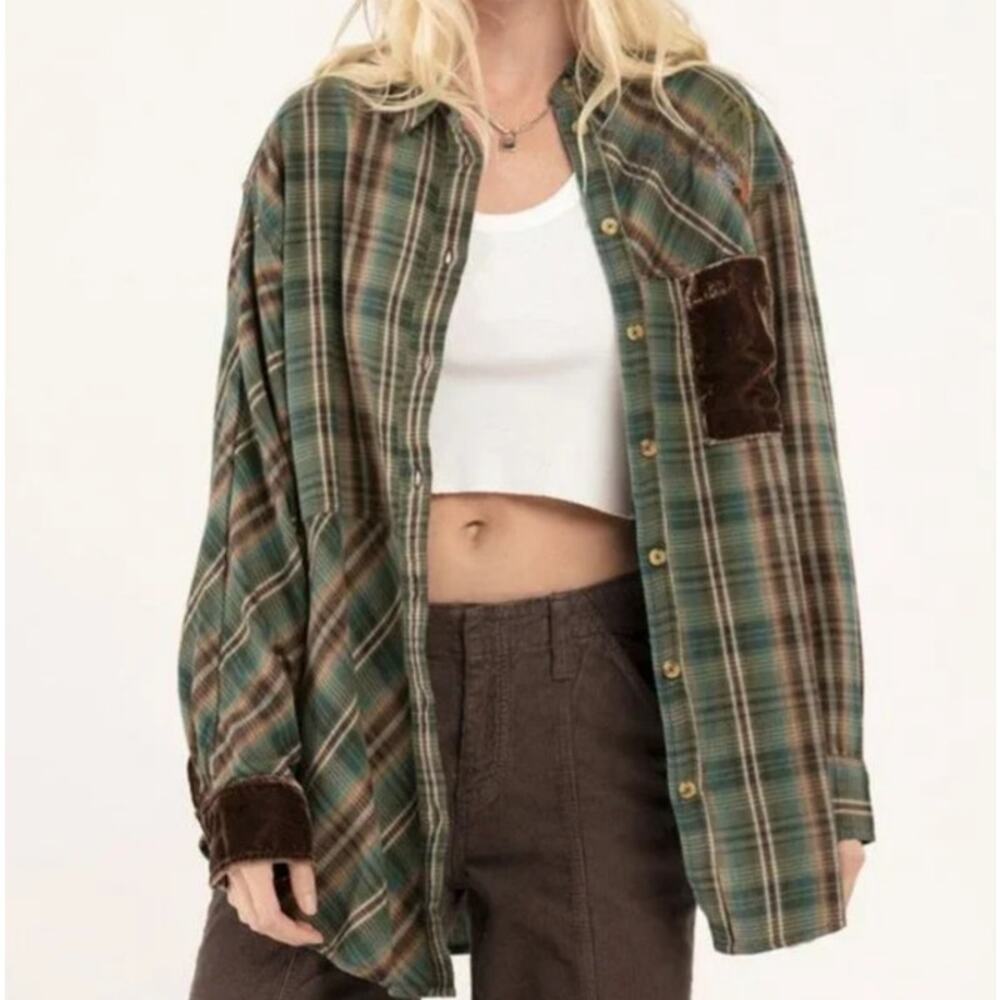 BDG Jeans Oversized Plaid 100% Cotton Velvet Accent Button Down Shirt Women's S